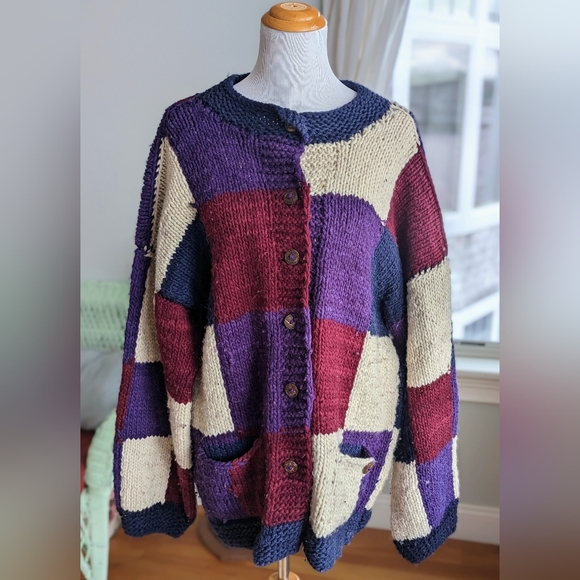 Vintage 90s Chunky Knit Purple Patchwork Ecuadorian Cardigan Sweater XL Rey Wear - Picture 2 of 6